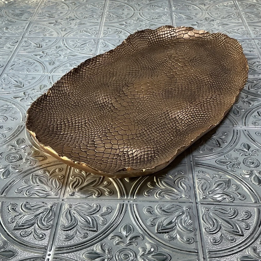Pier 1 Gold Faux Snakeskin Embossed Metal Serving Tray Hollywood Regency Glam